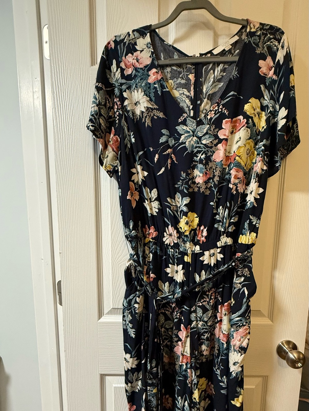 LOFT Plus Navy Floral one piece pant suit. Pink & Yellow Blooms with sash belt